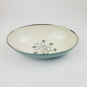 Lenox Kingsley Oval Serving Bowl Teal Band Platinum Trim Floral Center c1954-79